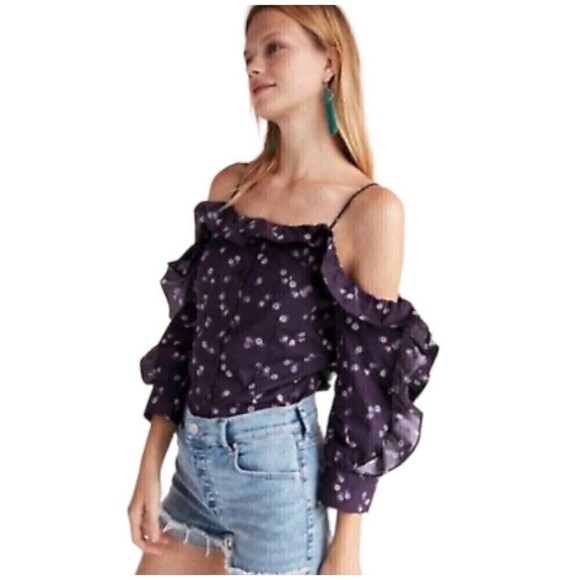 Express XS Purple Blouse Open Ruffle Sleeve Floral Button Front Fitted - Picture 1 of 9